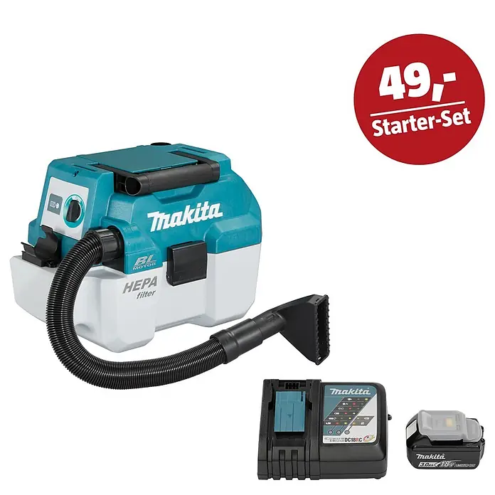 Makita LXT 18V Maschinen-Set - Akku-Nass-Trockensauger DVC750LZX3, Ladegerät & 3 Ah Akku - Makita kabelloser Staubsauger (türkis-weiß) mit Schlauch, Düse, Ladegerät und Akku.