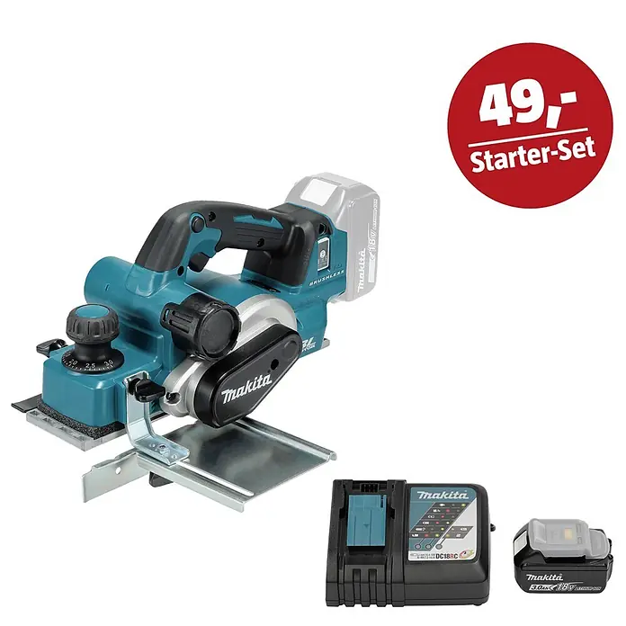 Makita LXT 18V Maschinen-Set -  - Makita Akku-Hobel-Set in Türkis und Schwarz mit Akku, Ladegerät, Ersatzakku und einem roten '49,- Starter-Set' Aufkleber.