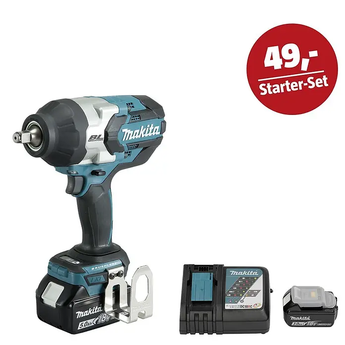 Makita LXT 18V Maschinen-Set - Akku-Schlagschrauber DTW1002RTJ, Ladegerät & 3 Ah Akku - Makita Akku-Schlagschrauber-Set in Türkis-Schwarz mit Akku, Ladegerät und Ersatzakku.
