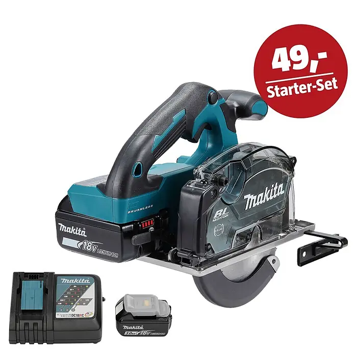 Makita LXT 18V Maschinen-Set - Akku-Handkreissäge DCS553RTJ, Ladegerät & 3 Ah Akku - Makita 18V Akku-Kreissägen-Starterset mit türkis-schwarzer Säge, Ladegerät und zwei Akkus.