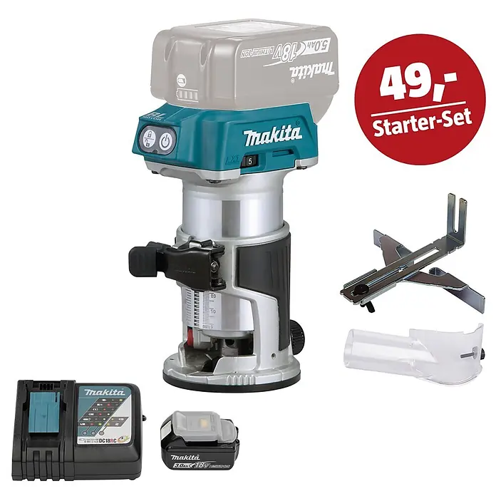 Makita LXT 18V Maschinen-Set - Akku-Multifunktionsfräse DRT50Z, Ladegerät & 3 Ah Akku - Ein Makita Akku-Oberfräse, Akku, Ladegerät und Zubehör in Türkis, Silber und Schwarz, als Starter-Set dargestellt.