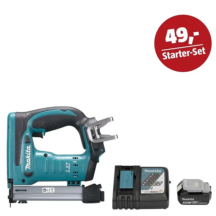 Makita LXT 18V Maschinen-Set - Akku-Tacker DST221Z, Ladegerät & 3 Ah Akku - Türkis-schwarzer Makita Akku-Nagler mit Akku, Ladegerät und rotem „49,- Starter-Set“ Kreis.