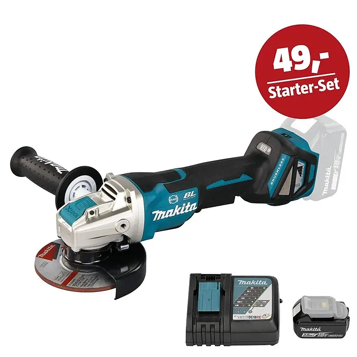 Makita LXT 18V Maschinen-Set - Akku-Winkelschleifer DGA519Z, Ladegerät & 3 Ah Akku - Makita Akku-Winkelschleifer Starter-Set mit Akku, Ladegerät und Ersatzakku. Türkis und schwarz mit Trennscheibe.