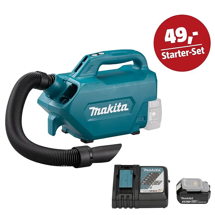 Makita LXT 18V Maschinen-Set - Akku-Staubsauger DCL184Z, Ladegerät & 3 Ah Akku - Türkiser Makita Akku-Gebläse/Staubsauger mit schwarzem Schlauch, Düse, Ladegerät und 18V Akku. Starter-Set.