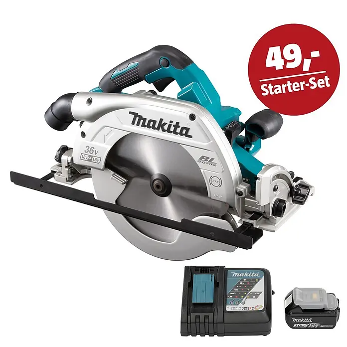 Makita LXT 18V Maschinen-Set - Akku-Handkreissäge DHS 900Z, Ladegerät & 3 Ah Akku - Makita 36V Akku-Kreissägen-Set in Silber, Schwarz und Türkis, inklusive Akku, Ladegerät und rotem "49,- Starter-Set" Aufkleber.