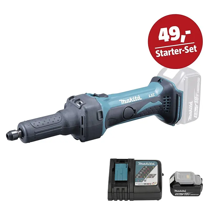 Makita LXT 18V Maschinen-Set - Akku-Geradschleifer DGD800Z, Ladegerät & 3 Ah Akku - Makita Akku-Geradschleifer, 18V 5.0Ah Akku und Ladegerät-Set, mit rotem 'Starter-Set' Preisschild.
