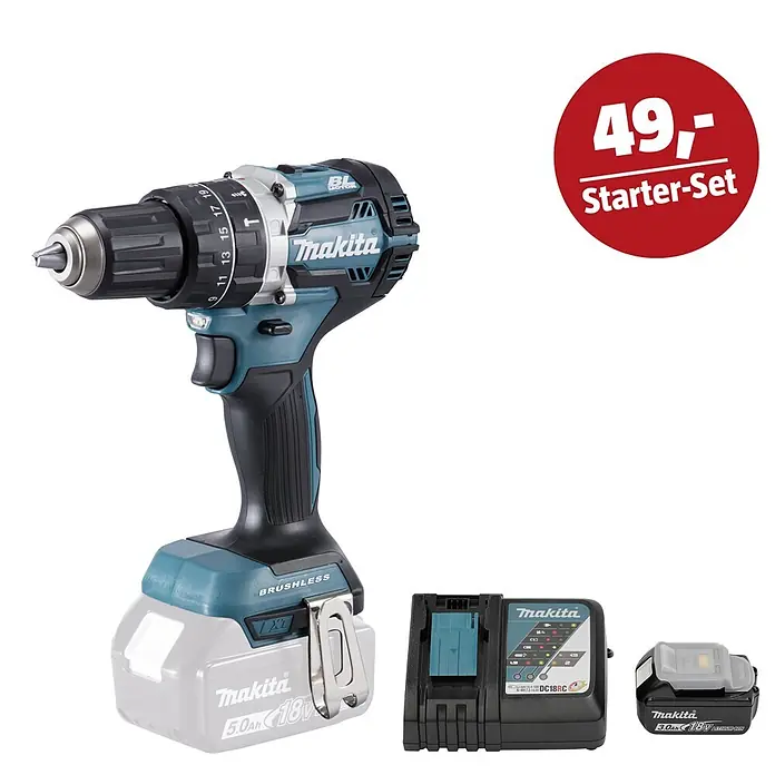 Makita LXT 18V Maschinen-Set - Akku-Schlagbohrschrauber DHP484Z, Ladegerät & 3 Ah Akku - Makita Akku-Bohrschrauber-Set mit 5,0Ah 18V Akku, Ladegerät und einem zusätzlichen 3,0Ah Akku, beworben als "49,- Starter-Set".