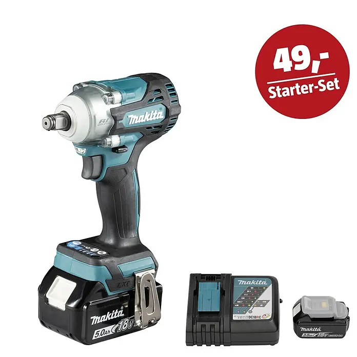 Makita LXT 18V Maschinen-Set - Akku-Schlagschrauber DTW300RTJ, Ladegerät & 3 Ah Akku - Makita türkis-schwarzer Schlagschrauber mit zwei Akkus und Ladegerät, beworben als 49,- Starter-Set.