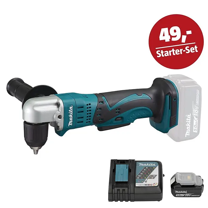 Makita LXT 18V Maschinen-Set - Akku-Winkelbohrmaschine DDA351Z, Ladegerät & 3 Ah Akku - Makita Winkelbohrmaschine in Türkis und Schwarz mit Akku und Ladegerät.