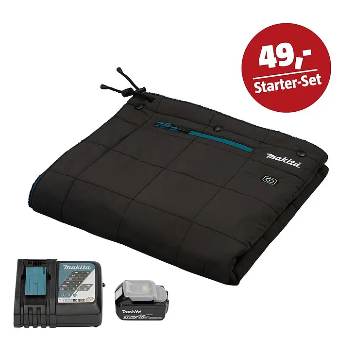 Makita LXT 18V Maschinen-Set - Heizdecke DCB200A, Ladegerät & 3 Ah Akku - Makita dunkelgraue Heizdecke mit Akku, Ladegerät und 49,- Starter-Set.