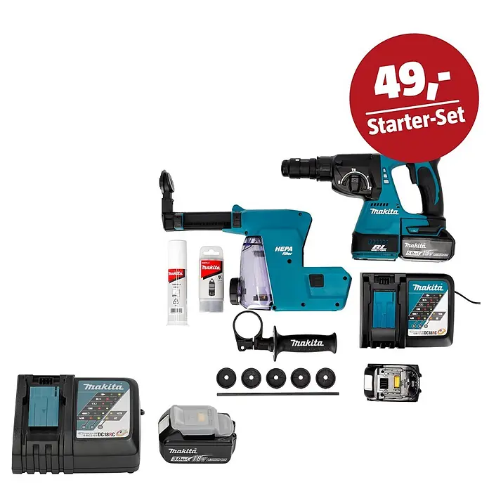 Makita LXT 18V Maschinen-Set - Akku-Kombihammer DHR243RTJW, Ladegerät & 3 Ah Akku - Makita Akku-Bohrhammer in Türkis und Schwarz mit Staubabsaugung, zwei Akkus, Ladegerät und Schmiermitteln.
