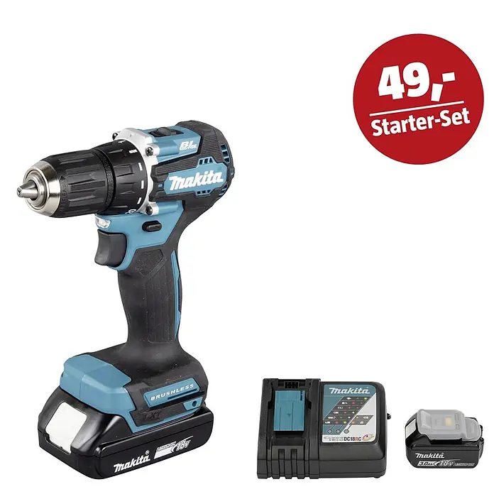 Makita LXT 18V Maschinen-Set - Akku-Bohrschrauber DDF487RAJ, Ladegerät & 3 Ah Akku - Makita Akku-Bohrschrauber mit 18V Akku und Ladegerät. Roter Kreis zeigt "49,- Starter-Set".