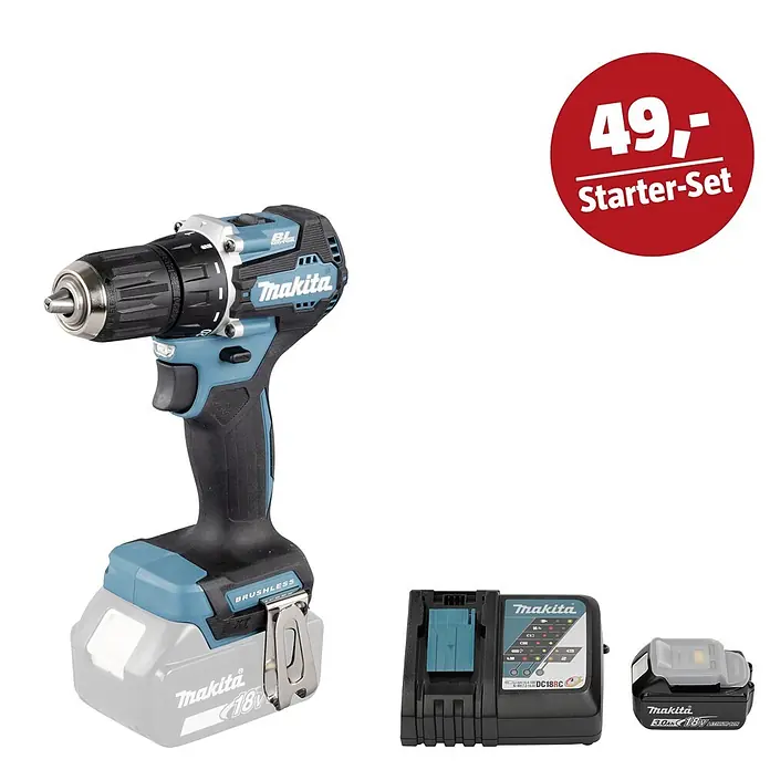 Makita LXT 18V Maschinen-Set - Akku-Bohrschrauber DDF487Z, Ladegerät & 3 Ah Akku - Makita Akku-Bohrschrauber, Ladegerät und Akku-Set in Blau und Schwarz, mit rotem „49,- Starter-Set“-Etikett.