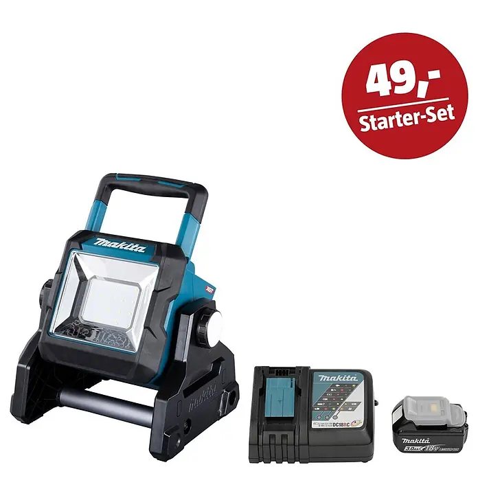 Makita LXT 18V Maschinen-Set - LED-Akkustrahler ML003G, Ladegerät & 3 Ah Akku - Makita LED-Baustrahler in Türkis/Schwarz mit 18V 3.0Ah Akku und Ladegerät, als Starter-Set.