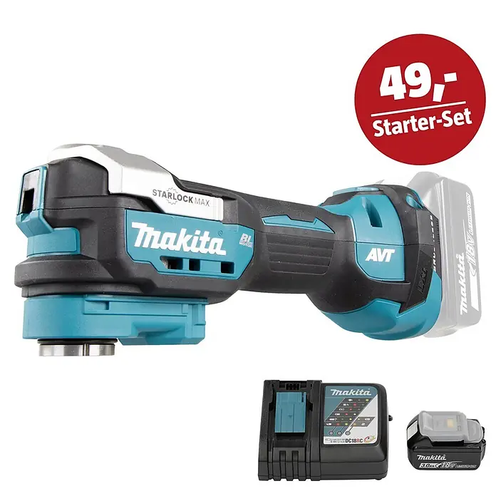 Makita LXT 18V Maschinen-Set - Akku-Multifunktionswerkzeug DTM52, Ladegerät & 3 Ah Akku - Makita 18V Akku-Oszillierer in Türkis/Schwarz mit Ladegerät und Akku, als Starter-Set angeboten.