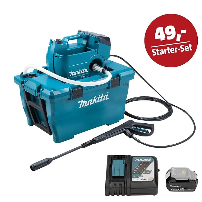 Makita LXT 18V Maschinen-Set - Akku-Hochdruckreiniger DHW080ZK, Ladegerät & 3 Ah Akku - Makita Starter-Set: teal-schwarzer Akku-Hochdruckreiniger mit Tank, Spritzpistole, Schlauch, Ladegerät und Akku. Preis: 49,-.