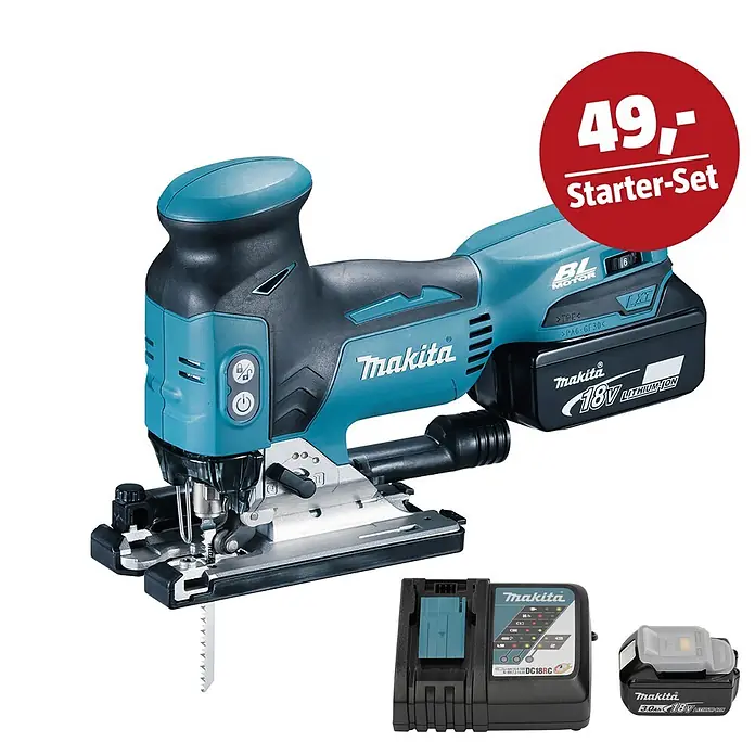Makita LXT 18V Maschinen-Set - Akku-Pendelhubstichsäge DJV181RTJ, Ladegerät & 3 Ah Akku - Makita 18V Akku-Stichsägen-Set in Türkis und Schwarz, bestehend aus Werkzeug, 18V Akku, Ladegerät und einem zusätzlichen 3,0Ah 18V Akku.