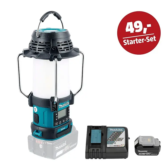 Makita LXT 18V Maschinen-Set - Akku-Radio DMR056, Ladegerät & 3 Ah Akku - Makita LED-Laterne (türkis/schwarz) mit 18V Akku und Ladegerät im Starter-Set. Mit Griff, Display, Bluetooth, USB-Ausgang.