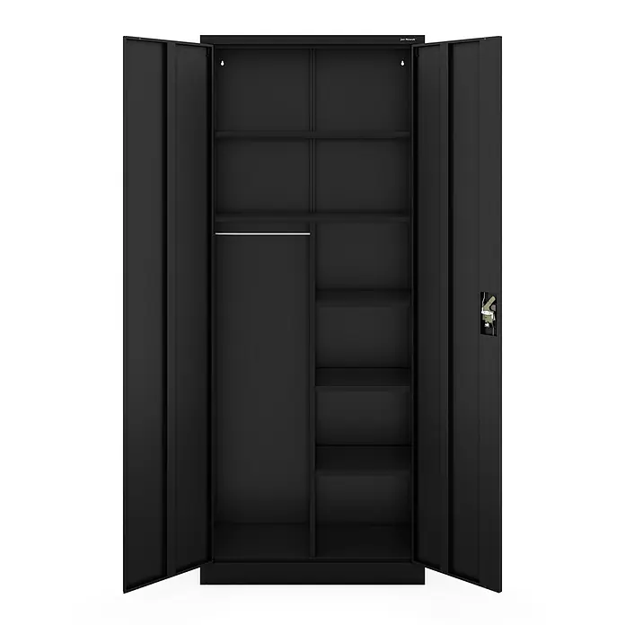 Jan Nowak Haushaltsschrank DAWID H2200, abschließbar, 90x220x45 cm, Schwarz -  - Schwarzer Metallschrank mit zwei geöffneten Türen, links eine Kleiderstange, rechts mehrere Regale.