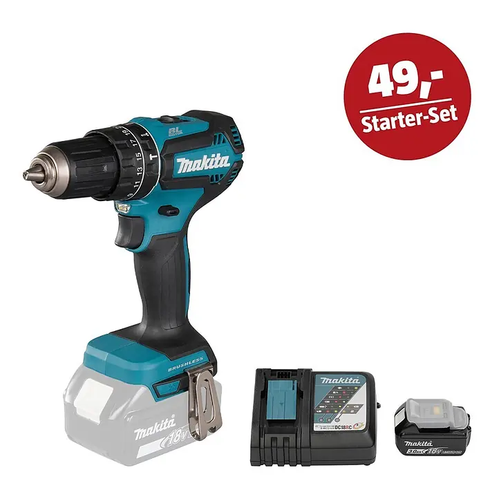 Makita LXT 18V Maschinen-Set - Akku-Schlagschrauber DHP485Z, Ladegerät & 3 Ah Akku - Makita Akku-Bohrschrauber in Türkis-Schwarz mit bürstenlosem Motor, Ladegerät und 18V Li-Ion Akku. Rotes "49,- Starter-Set" Logo.