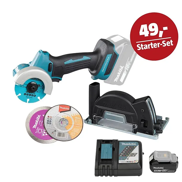 Makita LXT 18V Maschinen-Set - Akku-Winkelschleifer DMC300Z, Ladegerät & 3 Ah Akku - Makita 18V Akku-Winkelschleifer-Set mit Akku, Ladegerät, Diamant- und Inox-Trennscheiben sowie Staubabsaugung.