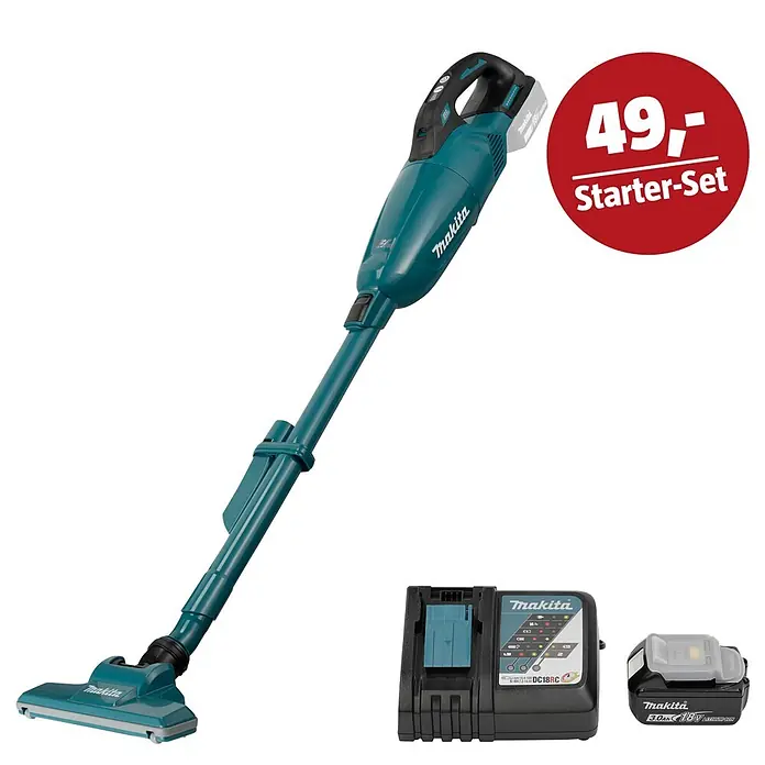 Makita LXT 18V Maschinen-Set - Akku-Staubsauger DCL284F, Ladegerät & 3 Ah Akku - Makita Akku-Stielstaubsauger in Türkis-Schwarz mit Ladegerät, 18V Akku und 'Starter-Set' Preisschild.