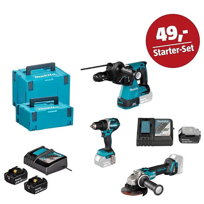 Makita LXT 18V Maschinen-Set - Maschinen-Set Kombo-Kit DLX3195JX1, Ladegerät & 3 Ah Akku - Makita Elektrowerkzeug-Set: Bohrhammer, Bohrmaschine, Winkelschleifer, Ladegerät, drei Akkus, zwei Werkzeugkoffer und '49,- Starter-Set' Aufkleber.