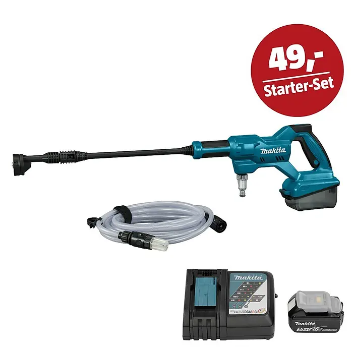 Makita LXT 18V Maschinen-Set - Akku-Druckreiniger DHW180Z, Ladegerät & 3 Ah Akku - Makita Akku-Hochdruckreiniger-Set in Türkis, mit Schlauch, Ladegerät und 18V Akku. Rotes '49,- Starter-Set' Etikett.