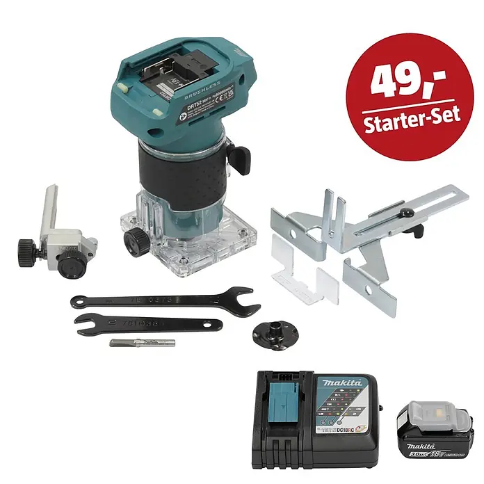 Makita LXT 18V Maschinen-Set - Akku-Kantenfräser DRT52Z, Ladegerät & 3 Ah Akku - Makita Akku-Oberfräse Starter-Set in Türkis mit Akku, Ladegerät, Schlüsseln und Führungen. Inklusive '49,- Starter-Set' Preisschild.