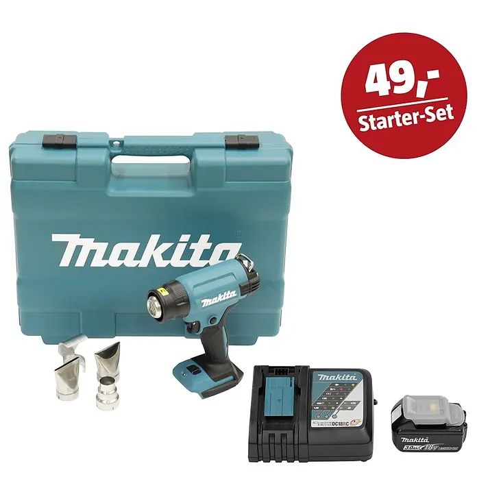 Makita LXT 18V Maschinen-Set - Akku-Heißluftgebläse DHG181ZK, Ladegerät & 3 Ah Akku - Makita Heißluftpistolen-Starter-Set mit tealfarbenem Koffer, Heißluftpistole, Düsen, Ladegerät und Akku.