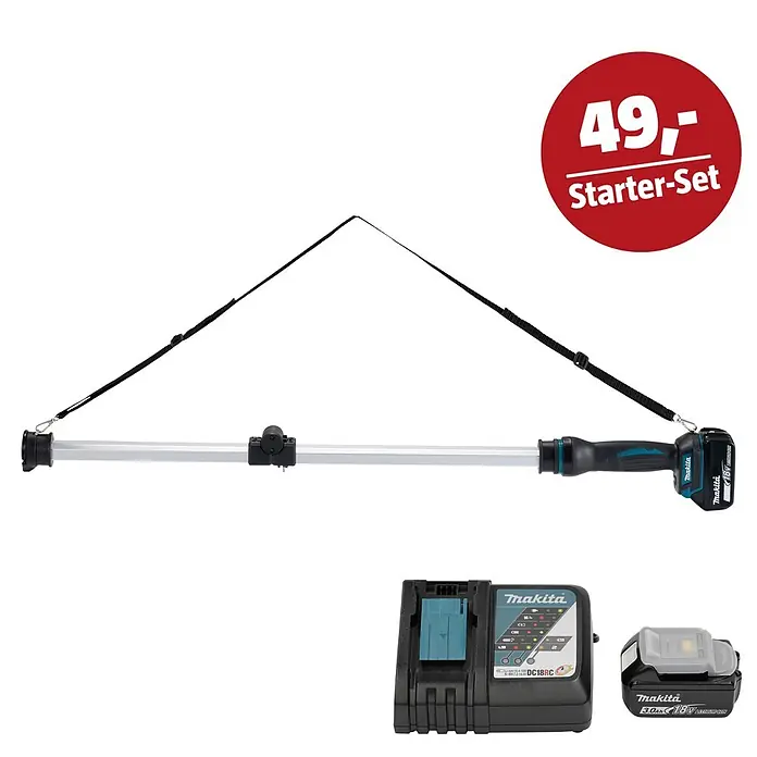 Makita LXT 18V Maschinen-Set - Akku-Stableuchte DML818, Ladegerät & 3 Ah Akku - Makita Akku-Stablampe mit Akku und Ladegerät. Die Stablampe ist mit einem 18V Akku und Trageriemen ausgestattet.