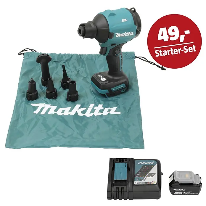 Makita LXT 18V Maschinen-Set - Akku-Gebläse DAS180Z, Ladegerät & 3 Ah Akku - Türkis-schwarzer Makita Akku-Schlagschrauber mit Akku, Ladegerät, Düsen und Tasche als Starter-Set.