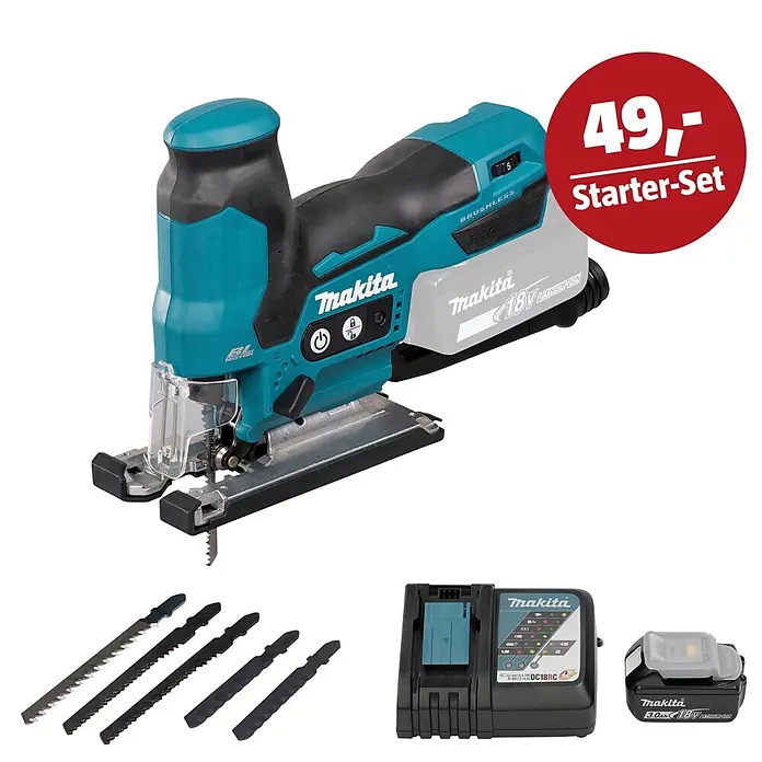 Makita LXT 18V Maschinen-Set - Akku-Pendelhubstichsäge DJV185Z, Ladegerät & 3 Ah Akku - Makita 18V Akku-Stichsägen-Starterset in Türkis und Schwarz mit Akku, Ladegerät, Sägeblättern und Preisangabe "49,- Starter-Set".
