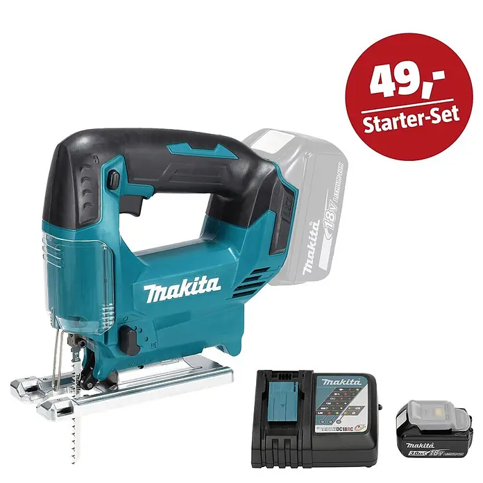 Makita LXT 18V Maschinen-Set - Akku-Pendelhubstichsäge DJV186Z, Ladegerät & 3 Ah Akku - Türkis-schwarze Makita Akku-Stichsäge mit 18V Akku und Ladegerät.