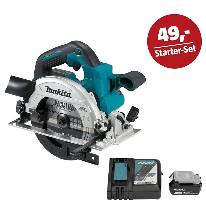 Makita LXT 18V Maschinen-Set - Akku-Handkreissäge DHS660Z, Ladegerät & 3 Ah Akku - Makita Akku-Kreissäge in Türkis/Silber mit Akku, Ladegerät und rotem "49,- Starter-Set" Tag.