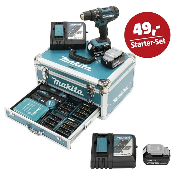 Makita LXT 18V Maschinen-Set - Akku-Schlagbohrschrauber DHP482RFX9, Ladegerät & 3 Ah Akku - Makita Akku-Bohrschrauber, Ladegerät, Akku und offener Werkzeugkoffer in Türkis mit Bits und Handwerkzeugen. Als 'Starter-Set' bezeichnet.