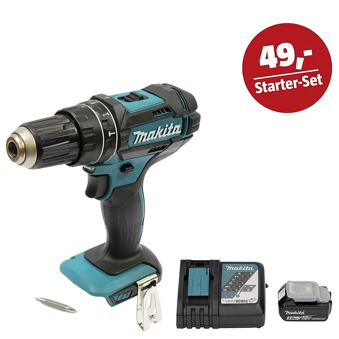 Makita LXT 18V Maschinen-Set - Akku-Bohrschrauber DHP482Z , Ladegerät & 3 Ah Akku - Makita Akku-Bohrschrauber Starter-Set in Türkis-Schwarz mit Akku, Ladegerät und Bit.