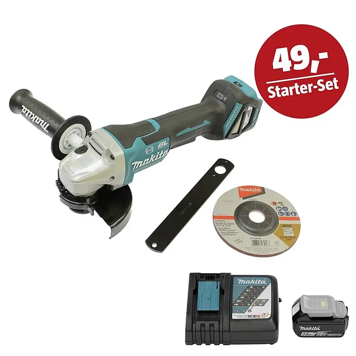 Makita LXT 18V Maschinen-Set - Akku-Winkelschleifer DGA517Z, Ladegerät & 3 Ah Akku - Makita Akku-Winkelschleifer Starter-Set mit Akku, Ladegerät, Scheibe, Schlüssel und '49,- Starter-Set' Angebot.