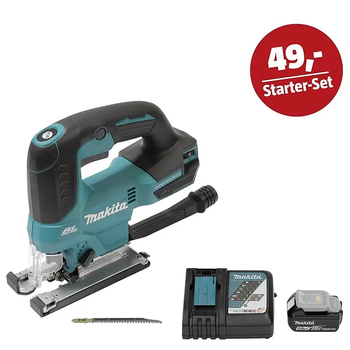 Makita LXT 18V Maschinen-Set - Akku-Pendelhubstichsäge DJV184Z, Ladegerät & 3 Ah Akku - Makita Akku-Stichsäge in Türkis und Schwarz mit Akku, Ladegerät und Sägeblatt, als 49,- Starter-Set.