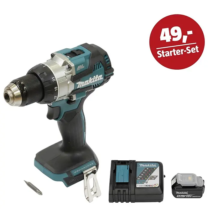 Makita LXT 18V Maschinen-Set - Akku-Bohrschrauber DDF489Z, Ladegerät & 3 Ah Akku - Ein Makita Akku-Bohrschrauber in Türkis-Schwarz mit bürstenlosem Motor, Akku, Ladegerät und Bit, als 49,- Starter-Set.