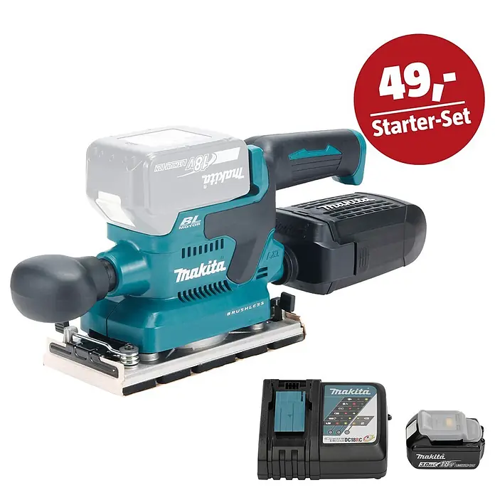 Makita LXT 18V Maschinen-Set - Akku-Schwingschleifer DBO382Z, Ladegerät & 3 Ah Akku - Makita Akku-Schwingschleifer in Türkis/Schwarz mit Akku, Ladegerät und Zusatzakku als Starter-Set.