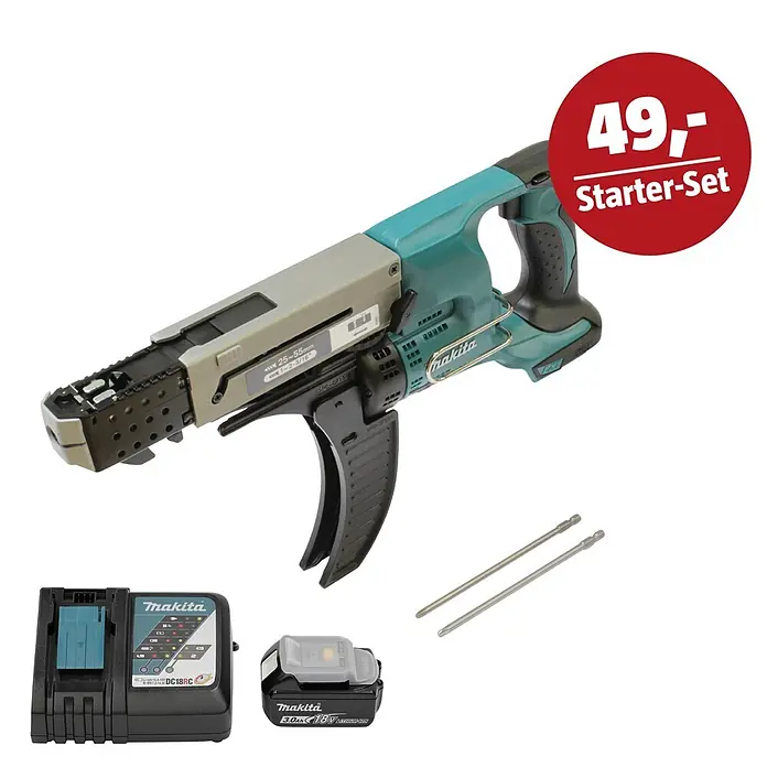 Makita LXT 18V Maschinen-Set - Akku-Trockenbauschrauber DFR550Z, Ladegerät & 3 Ah Akku - Makita Magazinschrauber-Set in Türkis-Grau mit Akku, Ladegerät, zwei Bits und rotem Preis-Icon „49,- Starter-Set“.