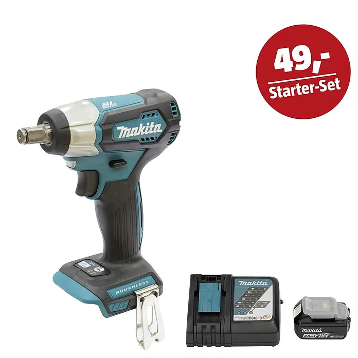 Makita LXT 18V Maschinen-Set - Akku-Schlagschrauber DTW181Z, Ladegerät & 3 Ah Akku - Makita Schlagschrauber (türkis/schwarz), Ladegerät und Akku im "49,- Starter-Set".