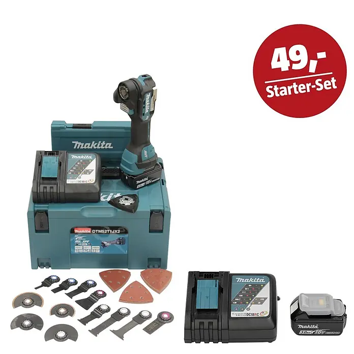 Makita LXT 18V Maschinen-Set - Akku-Multifunktionswerkzeug DTM52T1JX2, Ladegerät & 3 Ah Akku - Makita Akku-Multifunktionswerkzeug Starter-Set mit Ladegerät, Akku und verschiedenen türkis-schwarzen Zubehörklingen und Schleifpads.