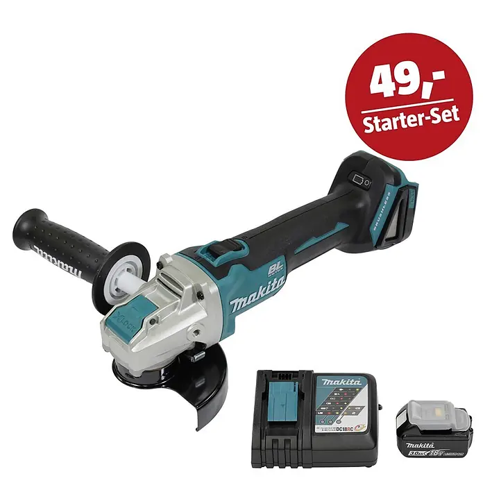 Makita LXT 18V Maschinen-Set - Akku-Winkelschleifer DGA521ZX1, Ladegerät & 3 Ah Akku - Makita Akku-Winkelschleifer, Akku und Ladegerät in Schwarz, Türkis und Silber, beworben als 49,- Starter-Set.