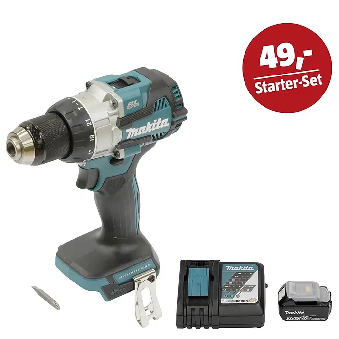 Makita LXT 18V Maschinen-Set - Akku-Schlagbohrschrauber DHP489Z, Ladegerät & 3 Ah Akku - Makita Akku-Bohrschrauber Starter-Set: Bohrmaschine in Türkis/Schwarz, 18V Akku, Ladegerät und Bit, mit "49,- Starter-Set" Etikett.