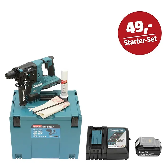 Makita LXT 18V Maschinen-Set - Akku-Kombihammer DHR280ZJ, Ladegerät & 3 Ah Akku - Makita Akku-Bohrhammer-Starter-Set in Türkis/Schwarz mit Koffer, Ladegerät, Akku und Zubehör.