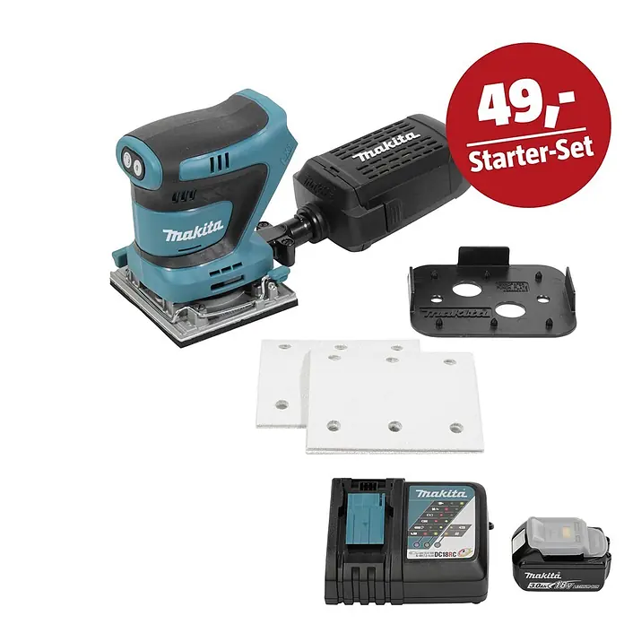 Makita LXT 18V Maschinen-Set - Akku-Schwingschleifer DBO484Z, Ladegerät & 3 Ah Akku - Makita Akku-Schwingschleifer (türkis/schwarz) mit Staubbox, Ladegerät, Akku, Schleifblättern und Lochplatte. Ein Starter-Set.