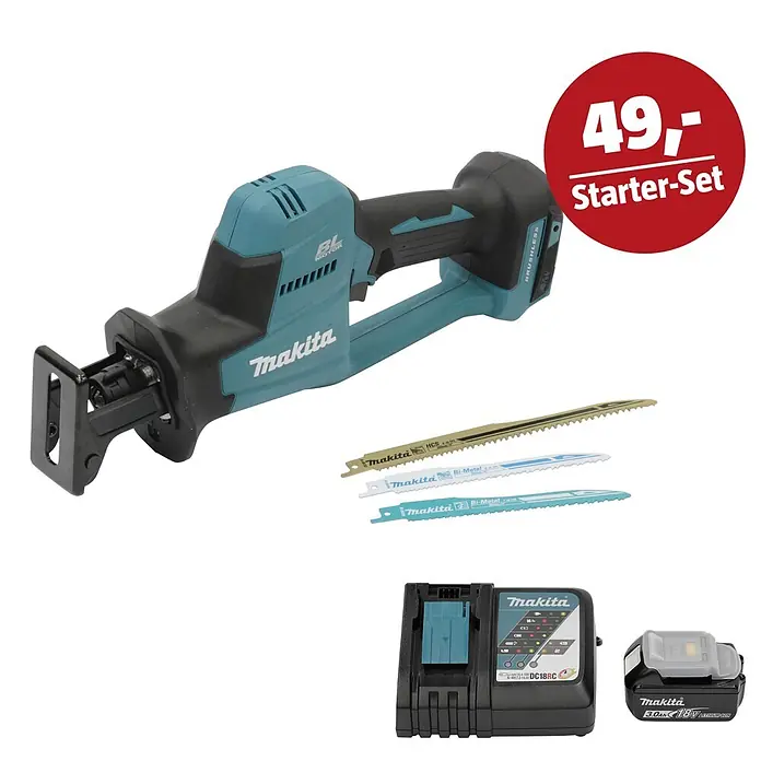 Makita LXT 18V Maschinen-Set - Akku-Säbelsäge DJR189Z, Ladegerät & 3 Ah Akku - Makita Akku-Säbelsäge im Starter-Set mit drei Sägeblättern, Ladegerät und 3.0Ah 18V Akku, in Türkis und Schwarz.