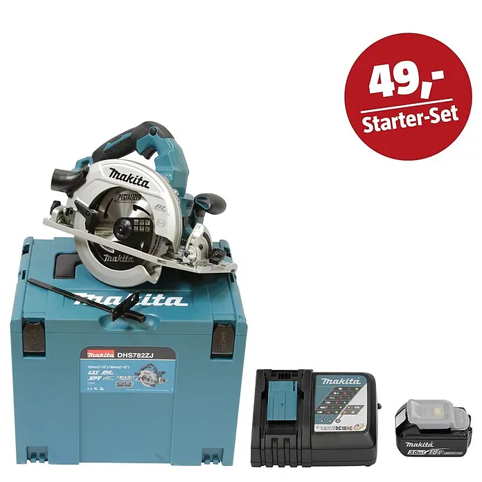 Makita LXT 18V Maschinen-Set - Akku-Handkreissäge DHS782ZJ, Ladegerät & 3 Ah Akku - Makita DHS782ZJ Handkreissägen-Starter-Set mit Ladegerät, 3.0Ah 18V Akku und blauem Systemkoffer.
